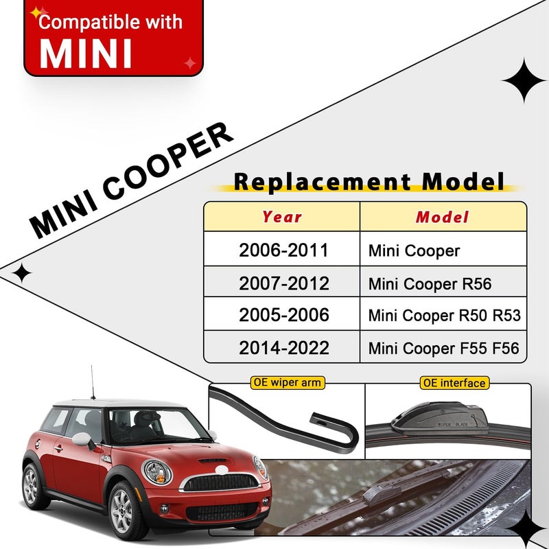 Raintok Windshield Wiper Blade Set Replacement for 2006-2011 Mini Cooper and Rear Windshield Wiper Blade-19"/18"/10" (Set of 3) U/J HOOK - Image 2